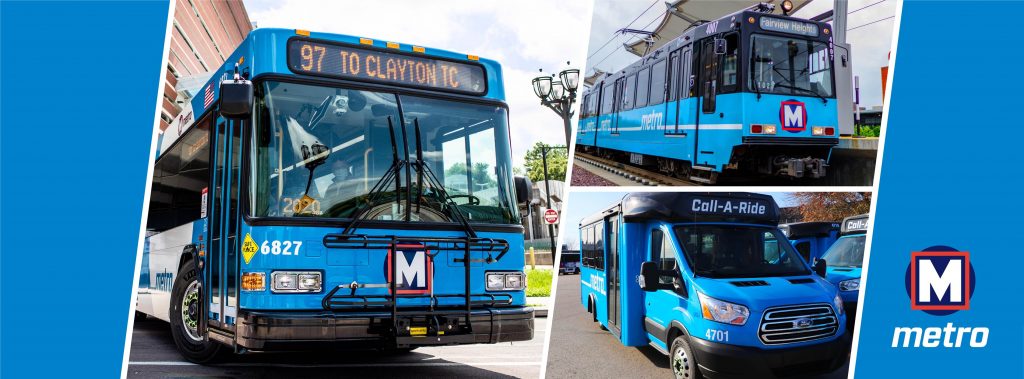 Collage showing a MetroBus, MetroLink train, and Metro Call‑A‑Ride van on a blue background with a Metro logo on the bottom right