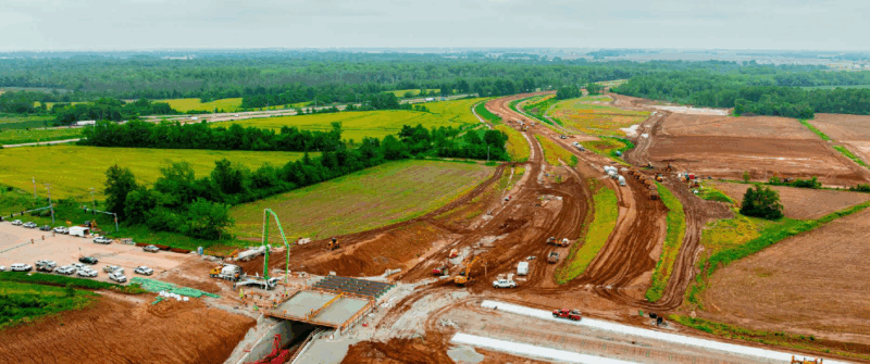 Drone photo of construction of the MidAmerica MetroLink expansion.